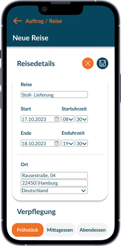 iPhone Screenshot zeigt Anlegen einer Reise