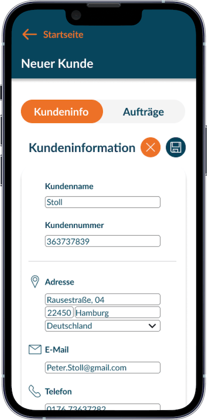 iPhone Screenshot zeigt Anlegen von Kunden