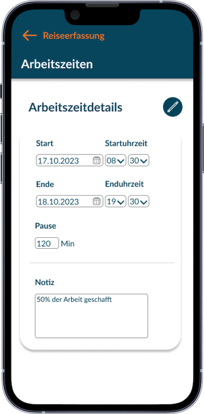 iPhone Screenshot zeigt Editieren von Arbeitszeiten